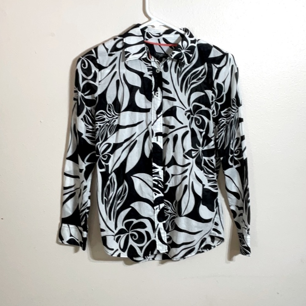 Talbots Black and White Casual Button Down Shirt with Floral Print